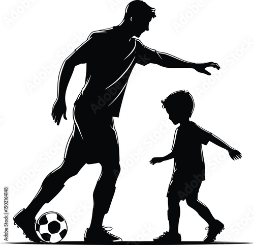 Father and son playing soccer silhouette illustrating family bonding and leisure activities together