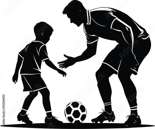 Father and son playing soccer a bonding activity in black and white silhouette style