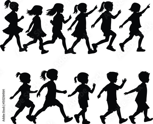 Silhouette illustration of running children in a row demonstrating movement and playfulness