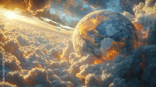 A Fantasy Earth With Marble Encoded Cloud Textures In Motion Above a Sky Filled With Digital Particles and Machine Glow