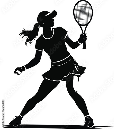 Dynamic silhouette of a female tennis player in action ready to serve the ball