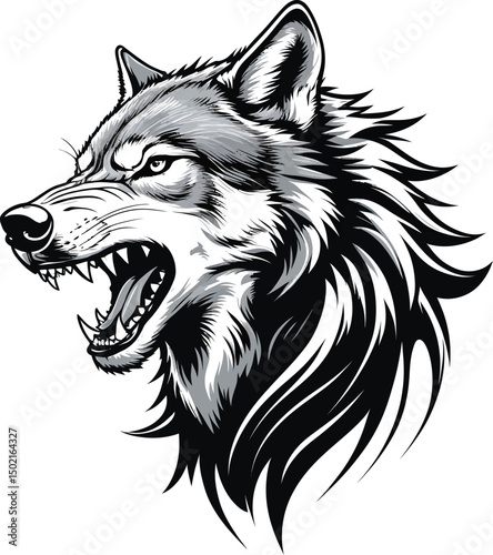 Vector illustration of a fierce wolf head showing its teeth and aggressive expression