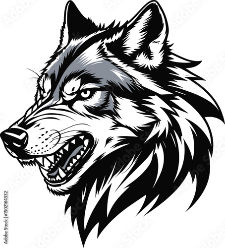 Fierce wolf head illustration depicting an angry howling predatory mammal ready to attack