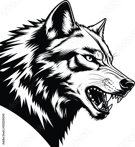 Fierce and angry wolf head profile black and white isolated on white background