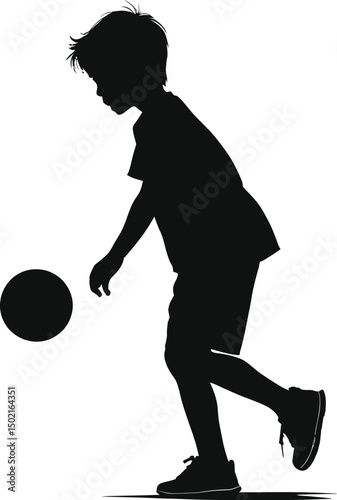 Silhouette of a young boy dribbling a soccer ball on a white background