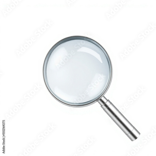 A close up shot of a magnifying glass with a silver frame and handle on a plain white background image view created with generated ai