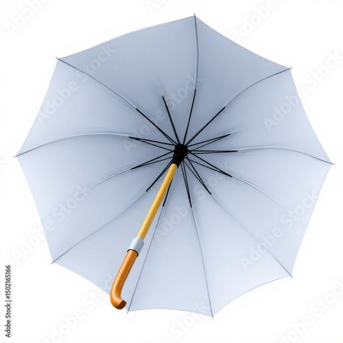 A white umbrella with a wooden handle and black spokes is displayed against a white background space here created with generated ai