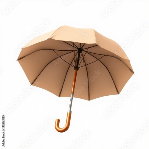 An umbrella with a beige canopy and a wooden handle is isolated against a white background indoors studio shot created with generated ai