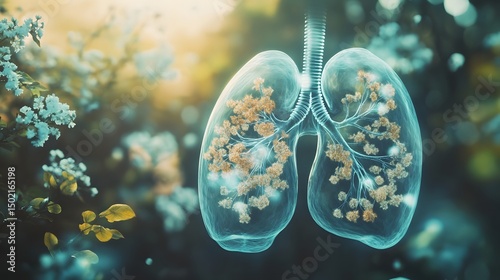 A dreamy scene of a serene background showing the windpipe surrounded by artistic representations of air flow