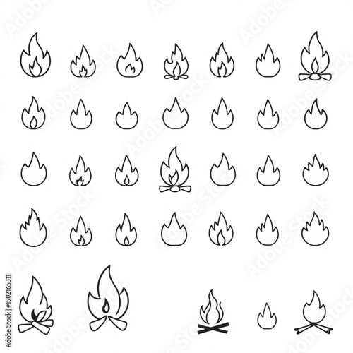 Collection of twenty seven simple line art fire icons in various shapes and styles arranged in a grid created with generated ai