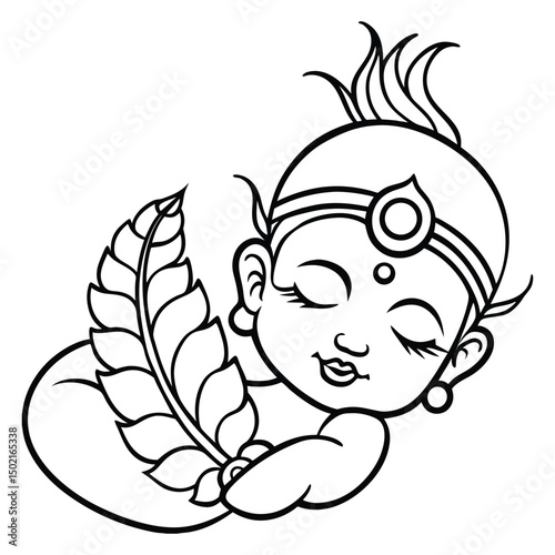 Cute little sleeping baby Krishna with peacock feather. Hindu god Lord Krishna. Krishna Janmashtami, Govardhan Puja. Indian religious festival 