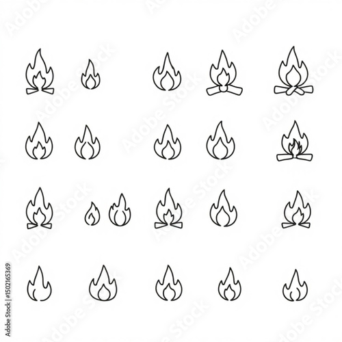 Collection of twenty one outlined bonfire icons with varying flame and wood arrangements in a grid pattern created with generated ai