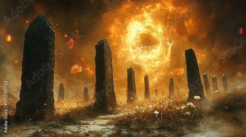 A Forgotten Civilization Made of Text and Stone Lies Beneath Swirling Gas Skies and Drifting Bloom In an Abandoned Marble Desert