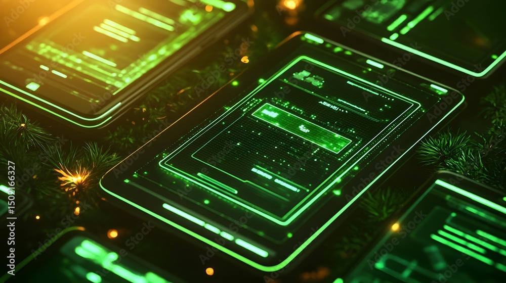 Fototapeta premium Digital displays with glowing green interface elements.