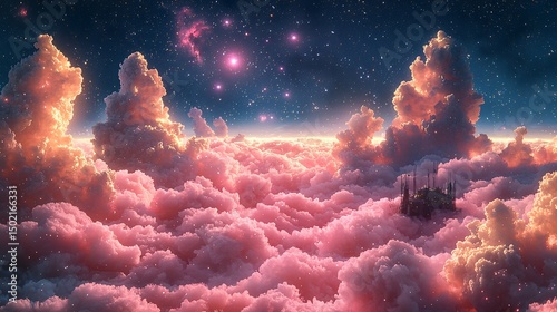 A Forgotten Space Outpost Surrounded By Pink Smoke and Swirling Dust Under a Sky Filled With Binary Stars and Astral Bloom