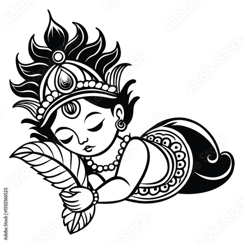 Cute little sleeping baby Krishna with peacock feather. Hindu god Lord Krishna. Krishna Janmashtami, Govardhan Puja. Indian religious festival 