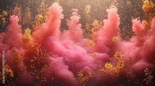 A Futuristic Installation Made of Pink Smoke Frozen In Time Surrounded By Golden Fractals and Blooming Digital Particles an Alien Museum Floor