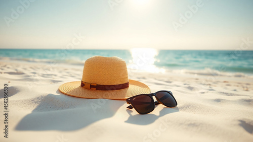 Beach Vacation Essentials Sun Hat and Sunglasses on Sunny Shore