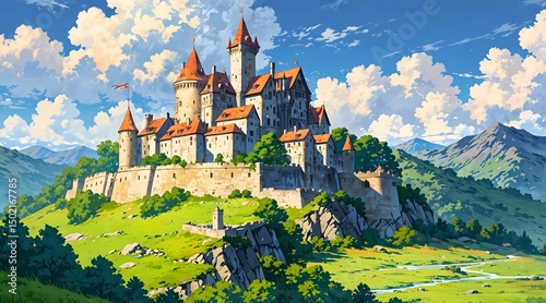 Wallpaper Mural A grand castle overlooking a tranquil valley, peaceful view, anime landscape Torontodigital.ca