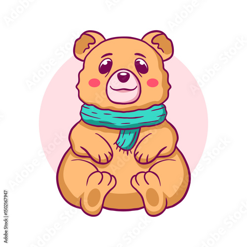 Cartoon bear is sitting on a pink background with a blue scarf around its neck. The bear has a cute and cuddly appearance, and the scarf adds a touch of warmth and coziness to the scene