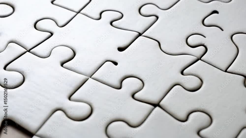 Close up of white jigsaw puzzle pieces with a single piece missing revealing a man in a suit