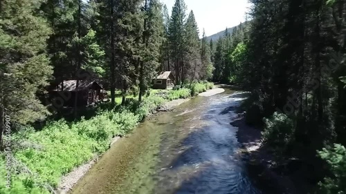 Cabin In The Woods By River Tranquil Scene Aerial View