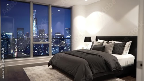 Modern Bedroom With City View At Night