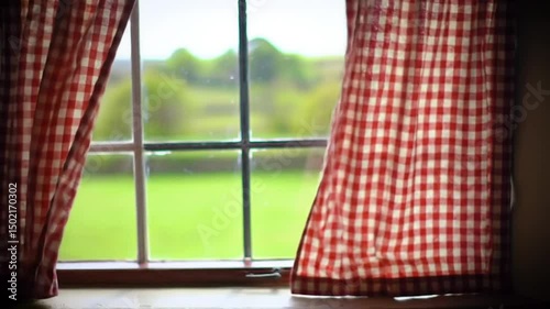 Rustic Window Frame With Gingham Curtains And Verdant Countryside View