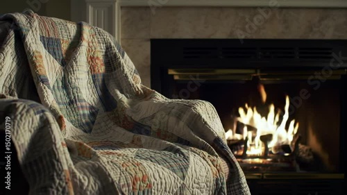 Comfortable Armchair By Fireplace Covered In Quilted Blanket