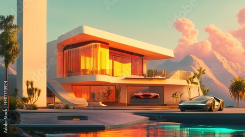 Futuristic dream home with modern architecture and stunning sunset views.  A spacious residence with a sleek design and a car garage, nestled in a tropical paradise photo