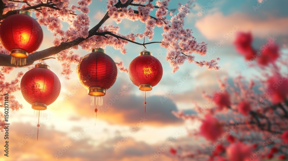 Fototapeta premium Cherry blossoms, lanterns at sunset
