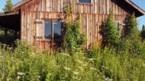 Rustic Retreat An Old Wooden Cabin Surrounded By Overgrown Meadow Plants