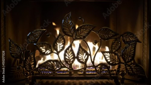 Cozy Ambiance From Flickering Fireplace With Decorative Leaf Guard
