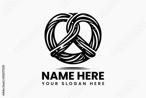 Stylized black and white illustration of a classic pretzel with salt details, suitable for a logo. Food concept