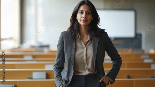 Portrait of a confident Indian woman wearing neutral-toned business attire, posing in a modern classroom, representing female leadership and diversity in the educational environment.
