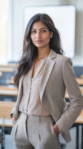 Elegant young Indian woman in beige suit posing confidently in a modern classroom, representing female leadership, intelligence, and professional presence in an academic environment.