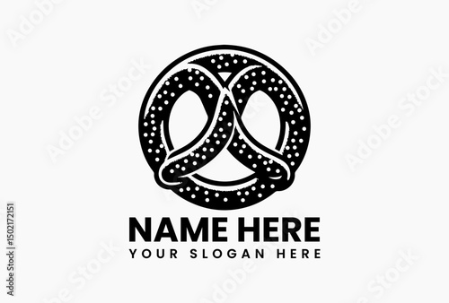 Stylized black and white illustration of a classic pretzel with salt details, suitable for a logo. Food concept