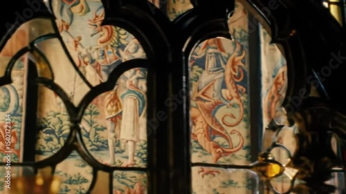 Intricate Stained Glass Gothic Window With Historical Tapestry Detail