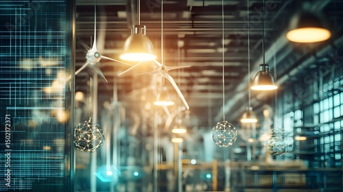Industrial interior design with modern lighting fixtures.