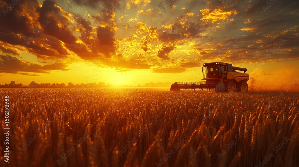 Fototapeta premium Golden wheat field at sunset, harvester