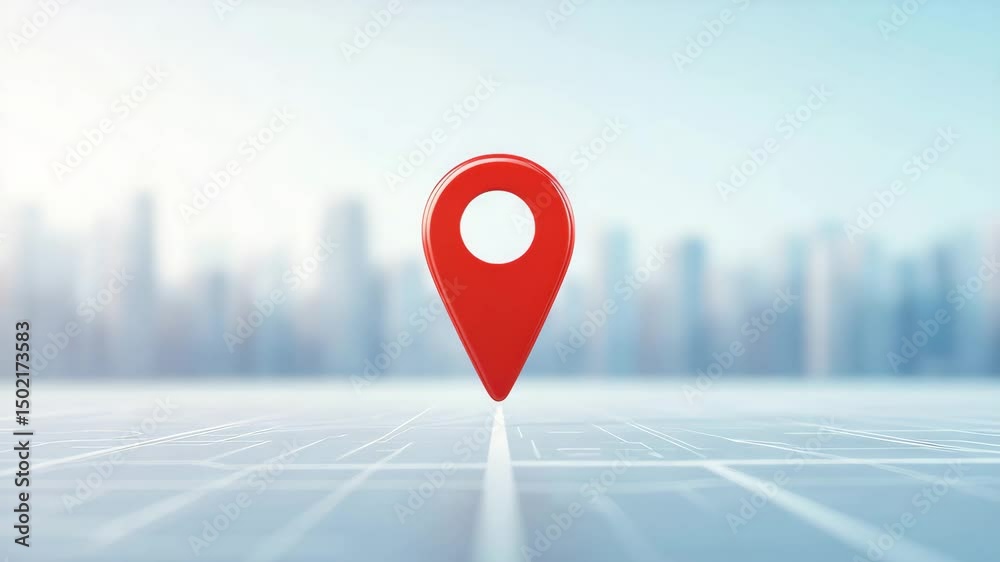 Red location marker on digital map with blurred city skyline background, symbolizing urban navigation, direction, and pointer for city map guidance and discovery.