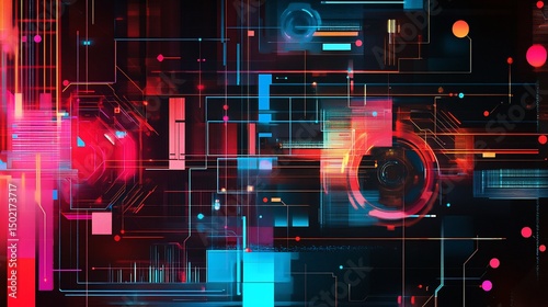Vibrant Digital Circuitry, An Abstract Depiction of Technological Connectivity and Data Flow