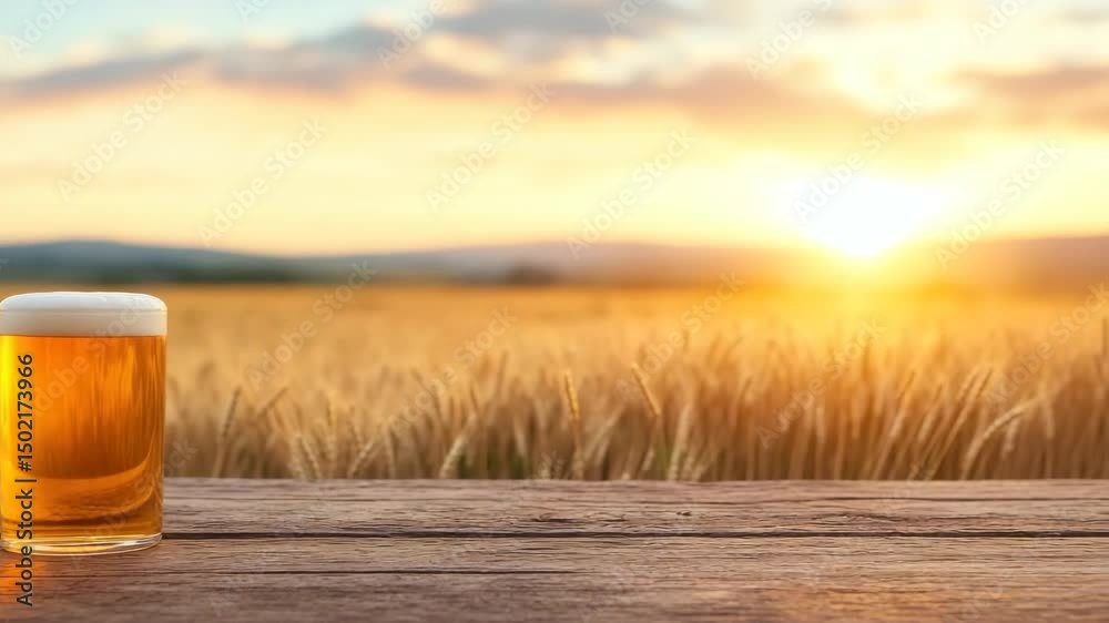 Golden beer glass on wooden table with foam in front of wheat field at sunset countryside warm light refreshing drink beverage nature outdoors rural horizon summer agriculture harvest cold liquid