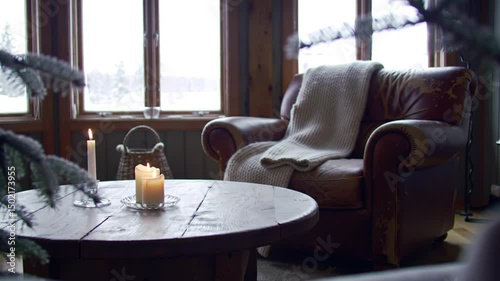 Cozy Winter Retreat With Rustic Charm And Candles Near The Window
