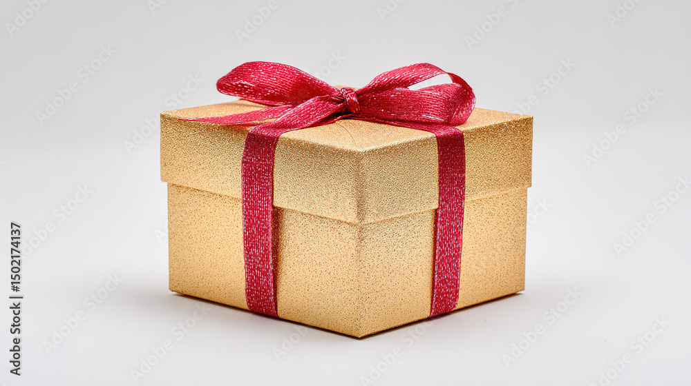 Obraz premium Golden gift box with red ribbon, symbolizing luxury and celebration