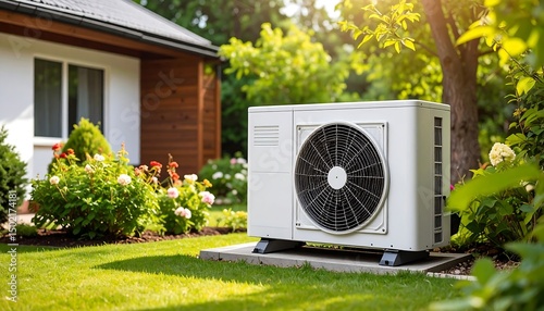 Outdoor Residential Heat Pump Unit in a Garden Setting
