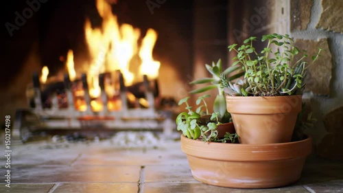 Indoor Warmth Fireplace With Plants For Cozy Home Interior