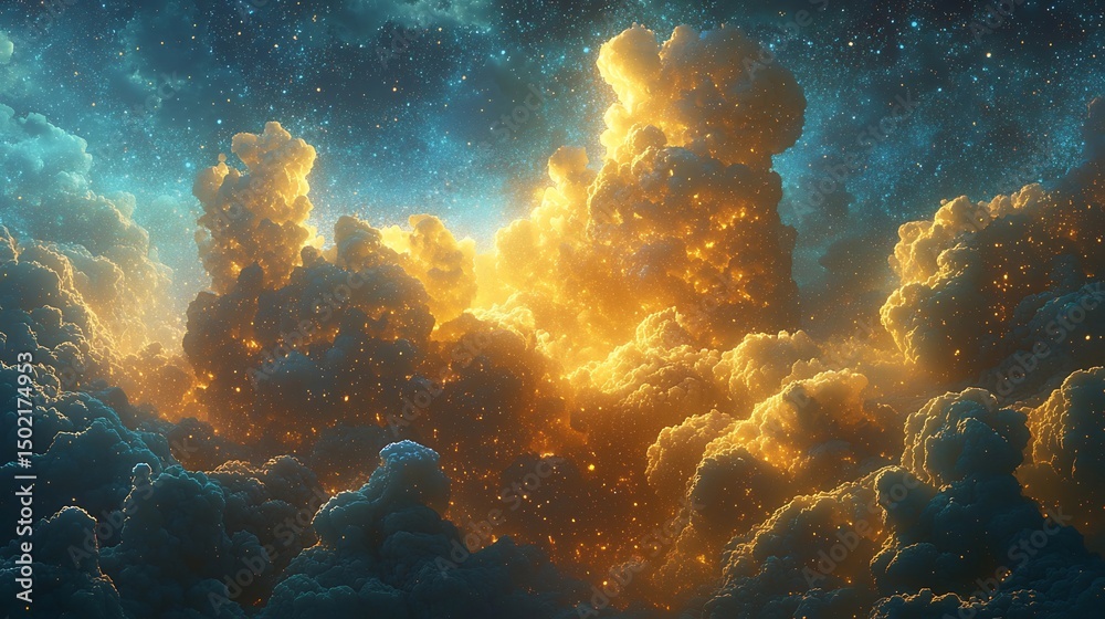 A Storm of Data and Gas Explodes Across a Midnight Sky Where Ethereal Fantasy Colours Glow In Fractal Cloud Forms