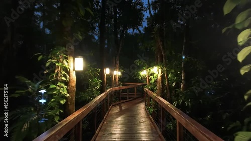 Wooden Path Illuminated In Lush Forest With Warm Glowing Lights