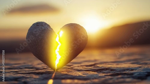 Cracked stone heart glowing with golden light at sunset, broken but filled with love, hope, and healing in warm, soft glowing atmosphere.